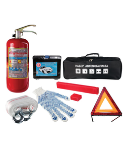 Автомобильный набор универсальный: аптечка, огнетушитель ОП-2, трос усиленный, аварийный знак, сумка, 10856