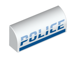 Slope, Curved 1 x 4 x 1 1/3 with Bright Light Blue and Blue POLICE Pattern, White (6191pb023 / 6295685)