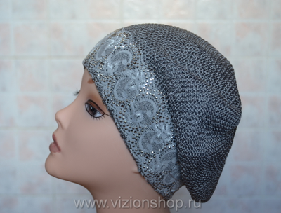 Вязаный берет женский с кружевом Vizio 4813 Италия серый