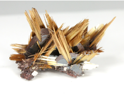 Редкость! Рутил свободного роста, сростки "звезды" золотистых игольчатых кристаллов на кристаллах гематита, Бразилия (24*15*15 мм, 2,45 г) №37910