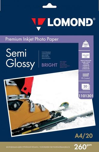 Полуглянцевая ярко-белая (Semi Glossy Bright) микропористая фотобумага Lomond для струйной печати, A4, 260 г/м2, 20 листов.