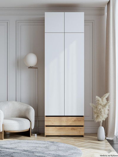 Абрау Шкаф двухстворчатый с ящиками и антресолью Дуб золотой/Белый