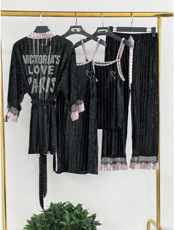 Домашняя одежда Виктория Сикрет 4в1 велюр черная с розовым