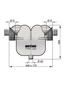 Сепаратор выхлопных газов Vetus LGS6050 12л 540x170x420мм 360° шланговые соединения Ø60мм сливное соединение Ø50мм
