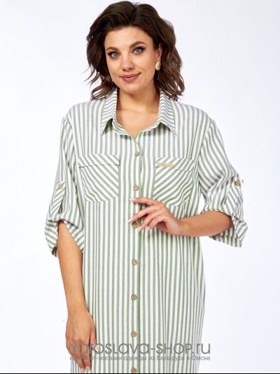 Женское платье-рубашка белого цвета в светло-зеленую полоску