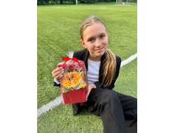 Деревянный бокс с зефирными подсолнухами