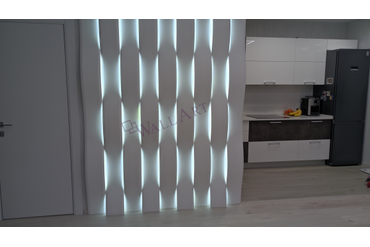 Смонтированная световая 3d панель "LightWave". г.Москва. Монтаж наш. Использована подсветка с холодным светом (6500к). Раскладка панелей стандартная - "Checkmate".