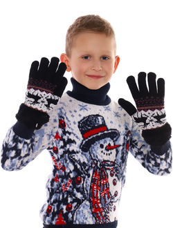 Перчатки детские новогодние с оленями черные