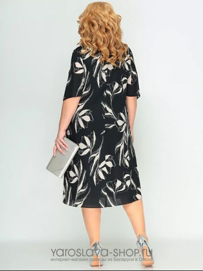 Платье из шифона черного цвета с брошью и лиственным принтом