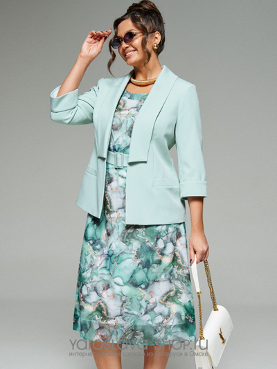Нарядный женский комплект в бирюзовом цвете, состоящий из жакета и платья