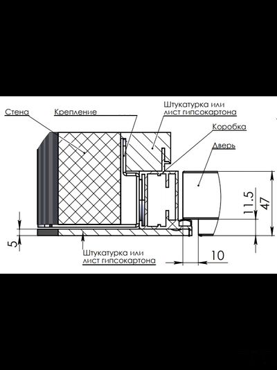 Алюминиевый короб для скрытых дверей Nevidimka Reverse  (под штукатурку открыванием от себя) по RAL