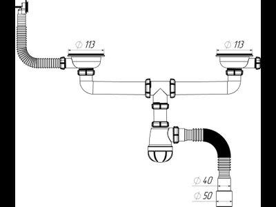 Сифон 3 1/2"х40, для двойной мойки (2 отв  311/2")Aquant UD0179-12-MR с переливом кругл/прямоуг,   гофра, 40х40/50 [98399]