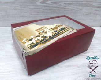 Коробка для пирожных с печатью с окном 190х130х75 мм, бордо