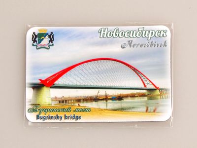 Гибкий сувенирный магнит на холодильник 8х6 см. с фото Бугринского моста, Новосибирск