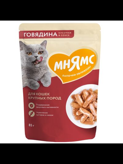 Мнямс влажный корм (пауч) для крупных кошек, кусочки в соусе с говядиной 85 г
