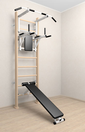 Деревянная шведская стенка с регулируемым по высоте турником, брусьями и скамьей для пресса.  (натуральный)