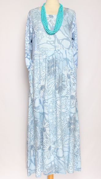 ПЛАТЬЕ БОХО ЛЬНЯНОЕ "ЦВЕТОЧНЫЙ ПРИНТ" голубое