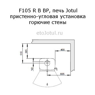 Установка печи Jotul F105 R B BP пристенно в угол, горючие стены, какие отступы