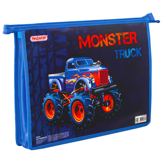 Папка для тетрадей ПИФАГОР А4, 1 отделение, картон, молния сверху, "MONSTER TRUCK", 229095