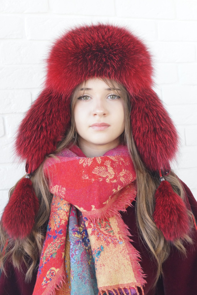 Ушанка "Полярная звезда" цвет брусника + блюфрост брусника