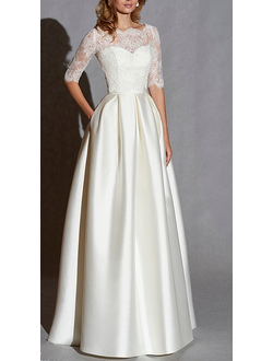 Модное свадебное платье в пол красивого А-силуэта с атласной юбкой в стиле татьянка и кружевным верх