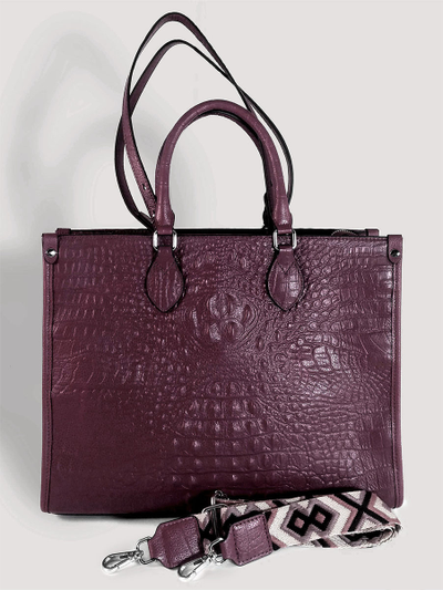 (АРТИКУЛ: 10105/1/5) СУМКА ЖЕНСКАЯ БОЛЬШАЯ, НАТУРАЛЬНАЯ КОЖА С ТИСНЕНИЕМ "КРОКОДИЛ", ТЕМНО-БОРДОВАЯ, РУЧКИ И РЕМЕНЬ ЧЕРЕЗ ПЛЕЧО