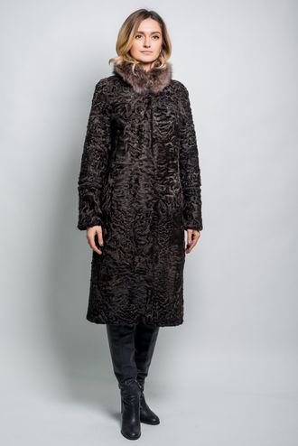 Шуба женская пальто трансформер каракуль  натуральный мех, зимняя, коричневая арт. Ц-040