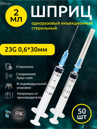 Шприц 2мл одноразовый 23G 50шт