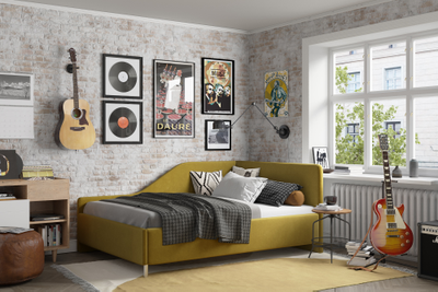 Угловая кровать, тахта, софа, подростковая MyCloud Муза, с подъемным механизмом, бельевым ящиком, боковой спинкой, ножки под робот пылесос