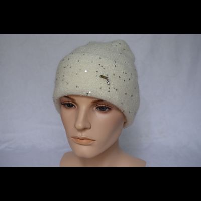 Белая женская шапка с отворотом  и пайетками Vizio Италия 6943 CRY
