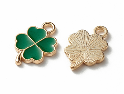 ПОДВЕСКА С ЭМАЛЬЮ "КЛЕВЕР" - 18x12x2 мм - БЛЕДНОЕ ЗОЛОТО+ЗЕЛЁНАЯ ЭМАЛЬ