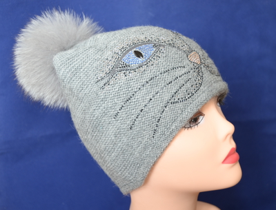 Итальянская шапка женская с рисунком кошки и помпоном Вицио Астрахань фото