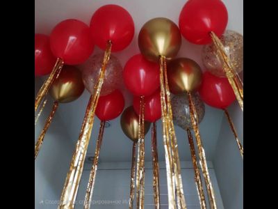 Шары с дождиком красный, хром золото, конфетти