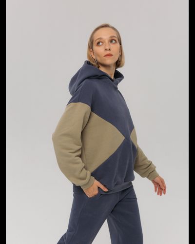 Худи  колорблок хлопковый велюр (черничный)