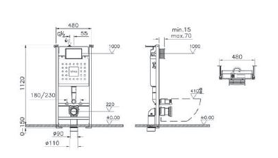 Комплект: подвесного безободкового унитаза VitrA Zentrum (с сиденьем микролифт, инсталляцией и кнопкой Root Square), 9875B003-7201