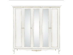 Шкаф 5 дверный с зеркалами Неаполь, Молочный/Патина Золото без структуры дерева