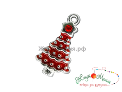 ПОДВЕСКА С ЭМАЛЬЮ В ТИБЕТСКОМ СТИЛЕ "ЁЛОЧКА" - 22*13мм - СЕРЕБРО+КРАСНЫЙ