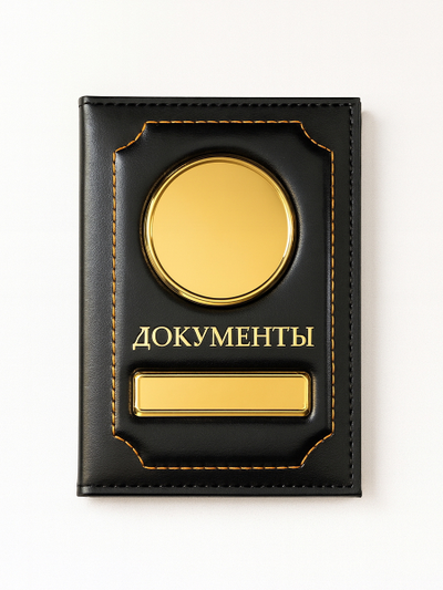 Обложка для автодокументов под наклейку логотипа и номера. Чёрная с золотыми вставками
