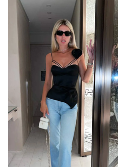 Топ из атласа с декором розы (черный)