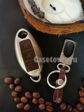 Коричневый чехол на ключ Ниссан Жук, Кашкай, Ноут (Металл/кожа)