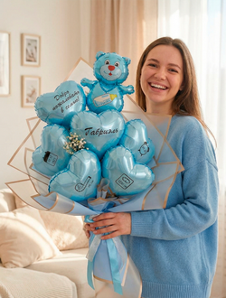 Букет шаров на выписку с мишкой