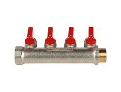 Коллектор распределительный STOUT с шаровыми кранами 3/4", 4 отвода 1/2" (красные ручки) (Арт. SMB 6