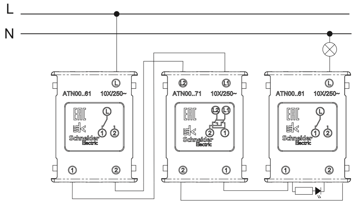 Схема подключения перекрестного переключателя Schneider Electric серии Atlas Design