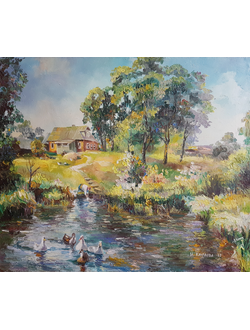 Пейзаж Гуси на пруду в деревне Круглова Ирина