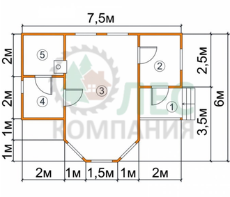 Одноэтажный дом из бруса 7,5x6 с эркером