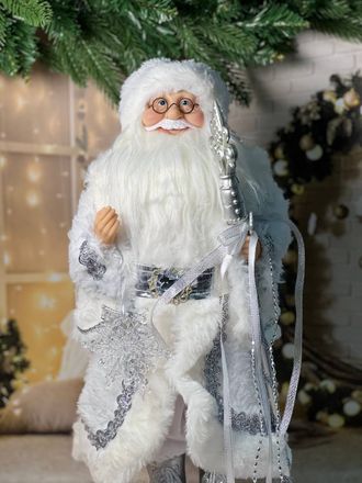 Дед Мороз в белом меховом полушубке со снежинкой 45см