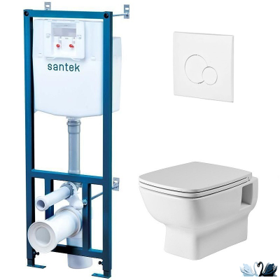 Комплект ПЭК Santek Нео rimless 1.WH50.1.758. Инсталляция с кнопкой (белый, глянец) и подвесной безободковый унитаз с сиденьем микролифт