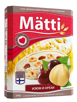 Matti каша моментального приготовления 240г овсяная изюм и орех 6х40г