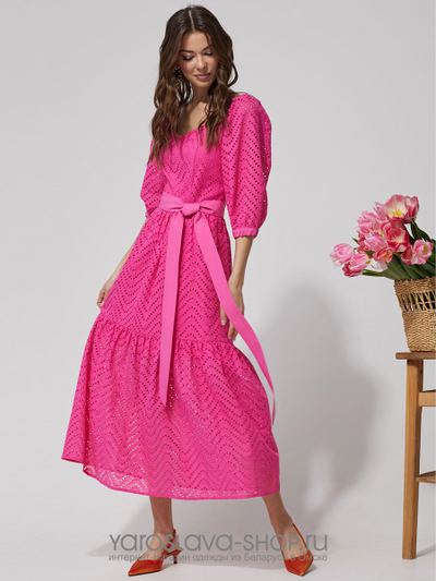 Нарядное платье с воланом из хлопка, ткань-шитьё малинового цвета