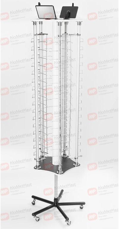 HG7616 Стойка напольная вращающаяся для очков, металлические штоки с замками, на колесах, 96 мест